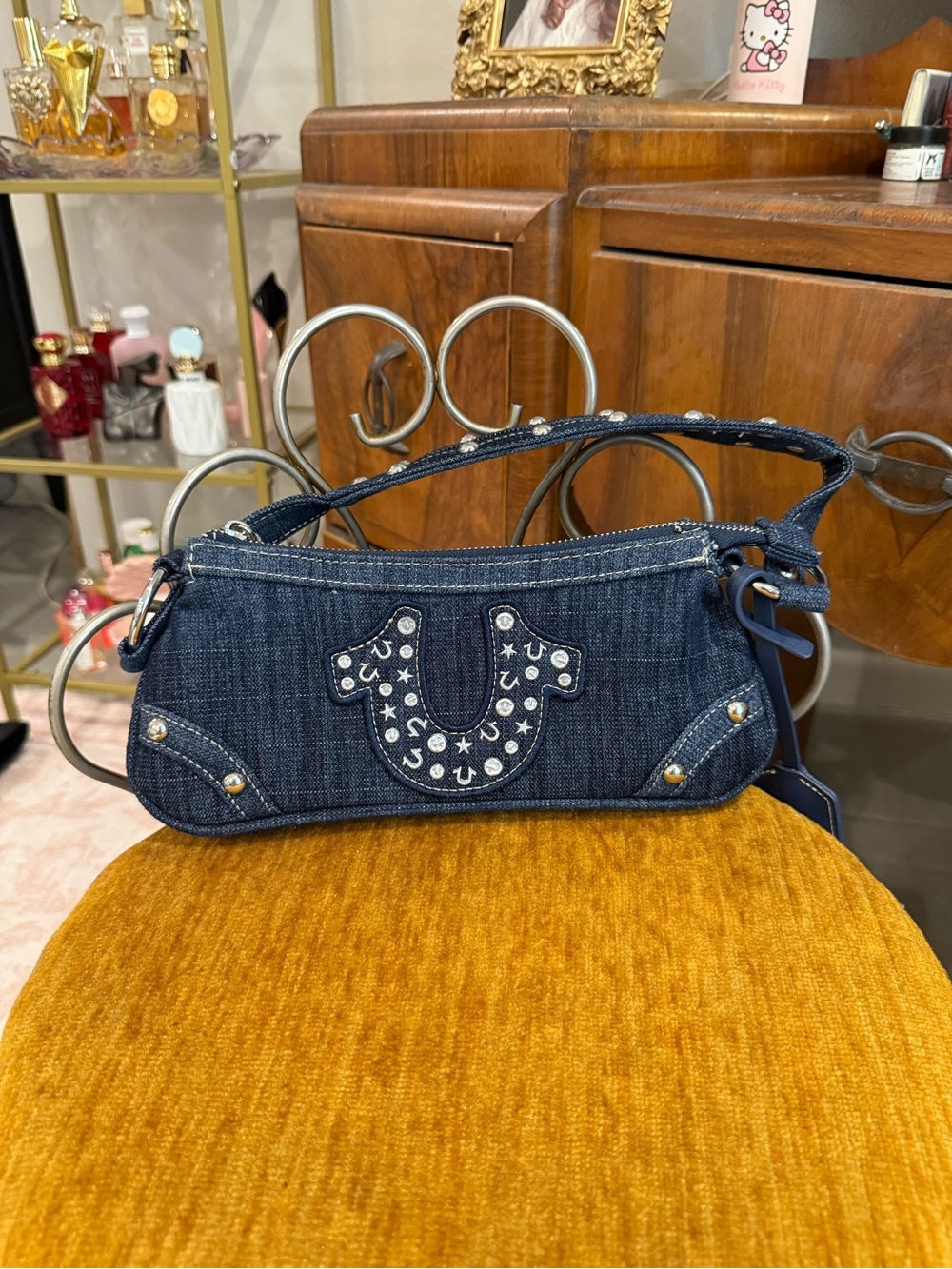 True Religion Dark Blue Denim Mini Shoulder Bag with Stud Detail